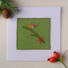 Textile Christmas Card with Robin on a Pine Branch