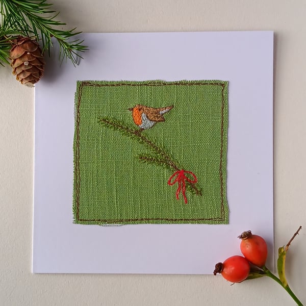 Textile Christmas Card with Robin on a Pine Branch