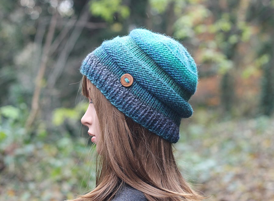 HAT knitted green with blue and grey, winter hat, women's chunky beanie cap