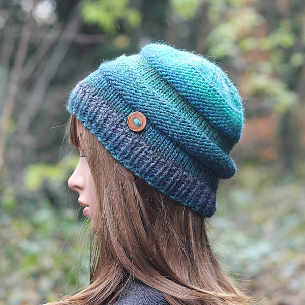 HAT knitted green with blue and grey, winter hat, women's chunky beanie cap