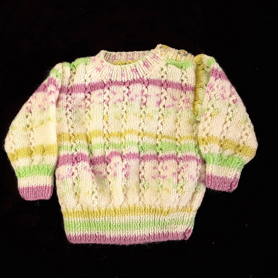 Baby multicolour jumper hand knitted in cream, mauve, green, yellow 3 - 6 months