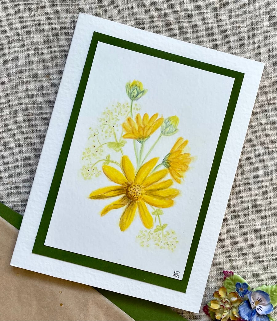 Hand painted blank card, yellow daisy flowers design, original artwork. 