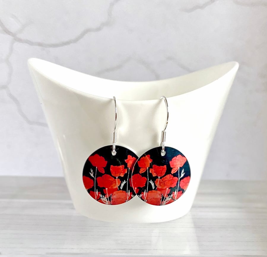 Poppy drop earrings, red floral discs dangle, sterling silver ear wires (644)