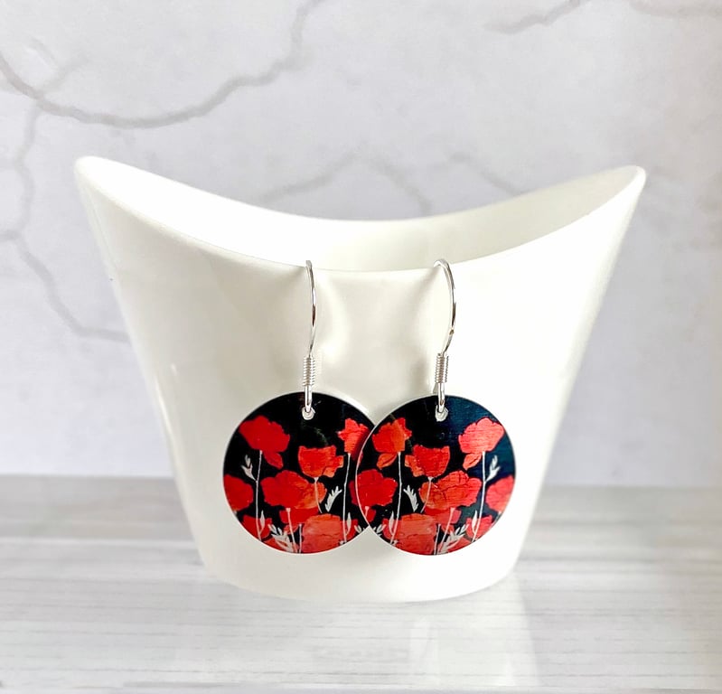Poppy drop earrings, red floral discs dangle, sterling silver ear wires (644)