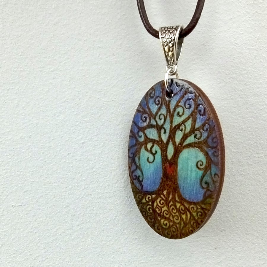 Family tree pyrography with colour wooden pendant. Tree of life necklace.