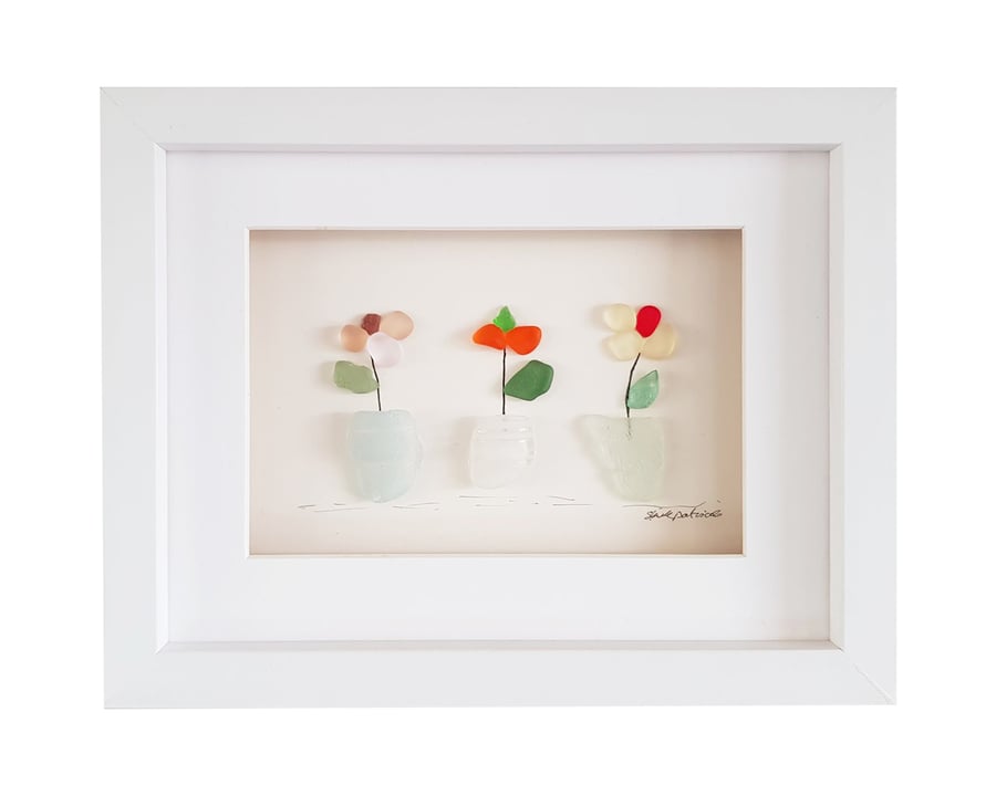 Flowers - Sea Glass and Pebble Picture - Framed Unique Handmade Art