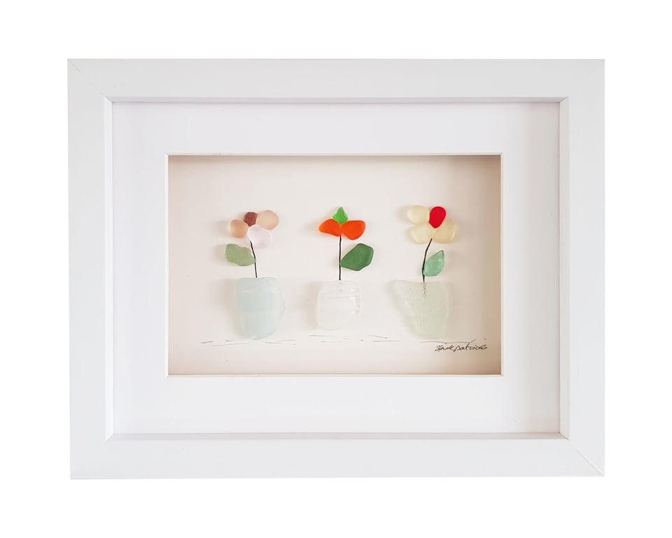 Flowers - Sea Glass and Pebble Picture - Framed Unique Handmade Art