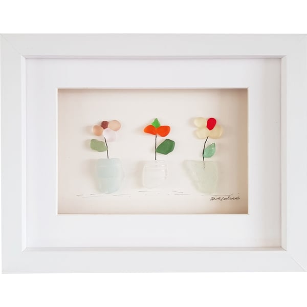 Flowers - Sea Glass and Pebble Picture - Framed Unique Handmade Art