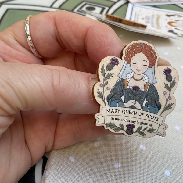 Mary Queen of Scots Wooden Pin Badge - Scottish History Gift - Whimsical Tudor I