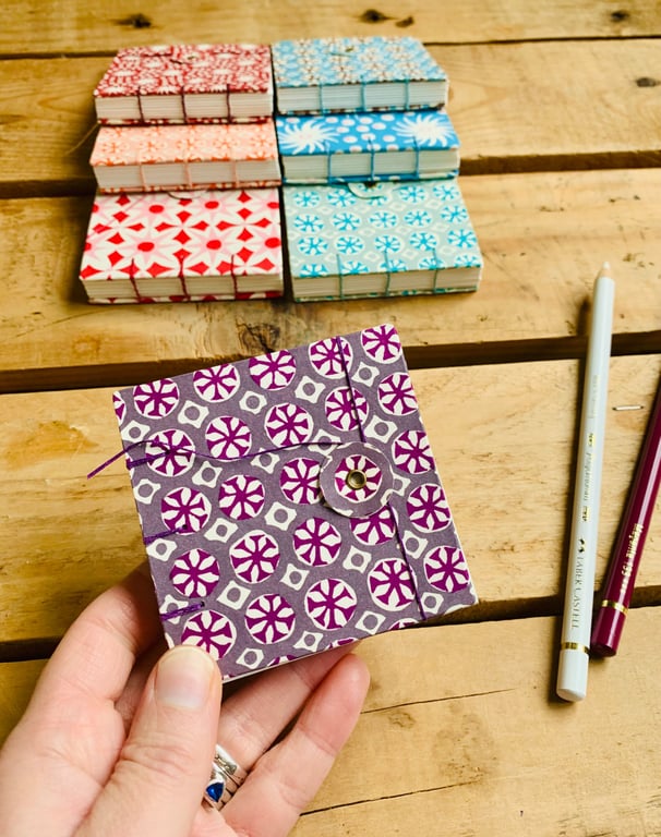 Mini Hand Bound Mixed Media Sketchbook with Button Closure. Purple & Cream.