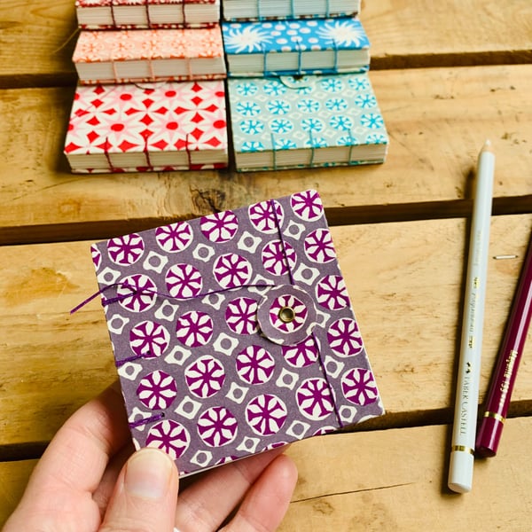 Mini Hand Bound Mixed Media Sketchbook with Button Closure. Purple & Cream.