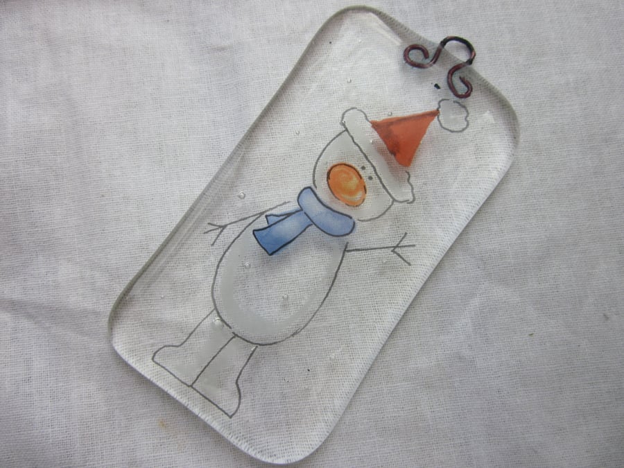 Handmade fused glass decoration or suncatcher - Snowman with red hat