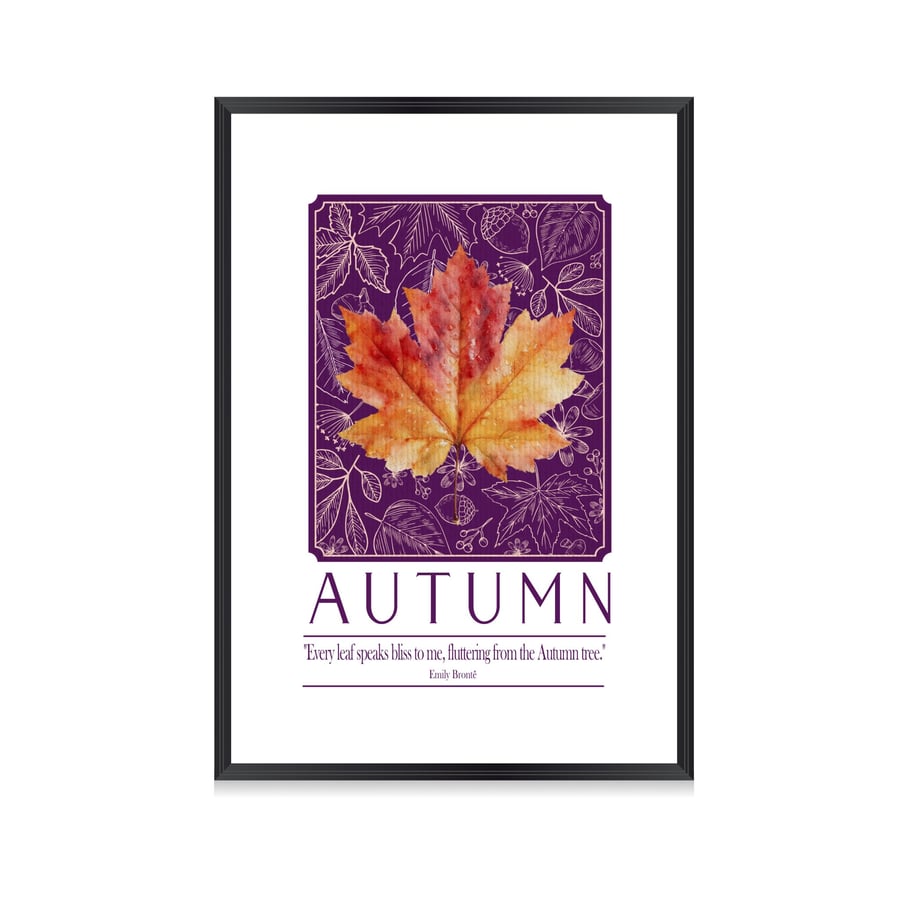 Autumn Quote Print - Emily Brontë Every Leaf Speaks Bliss - Purple Botanical Wal