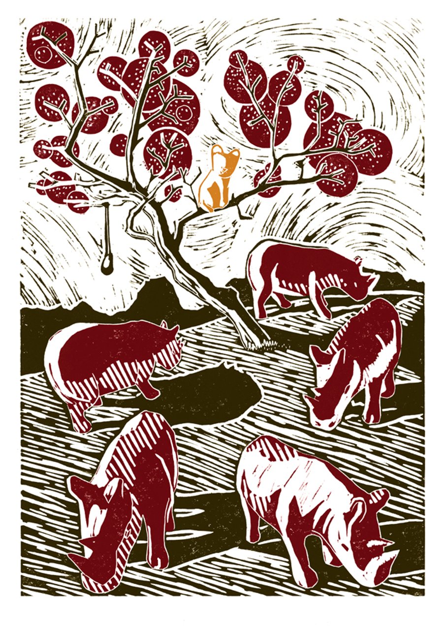 A Herd Of Rhinos Chase Soap-Cat Up A Tree poster-print