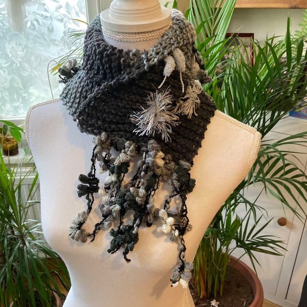 Crochet Black Gray Shawl -Hand knit scarf with tassels and pom poms 