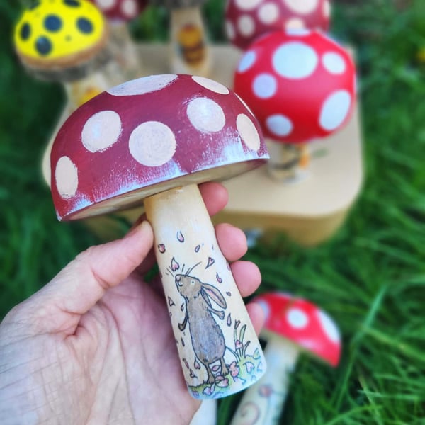 Wooden Toadstool with Bunny Illustration ,Forest Nursery Decor,Rabbit ornament