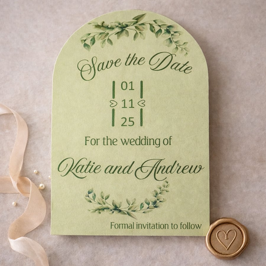  Sage Green Arch Save the Date Card – Personalised Wedding Announcement