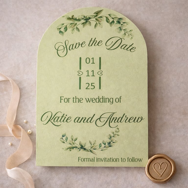  Sage Green Arch Save the Date Card – Personalised Wedding Announcement