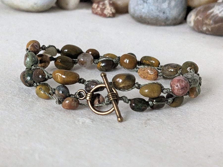 Ocean jasper double wrap bracelet with toggle clasp