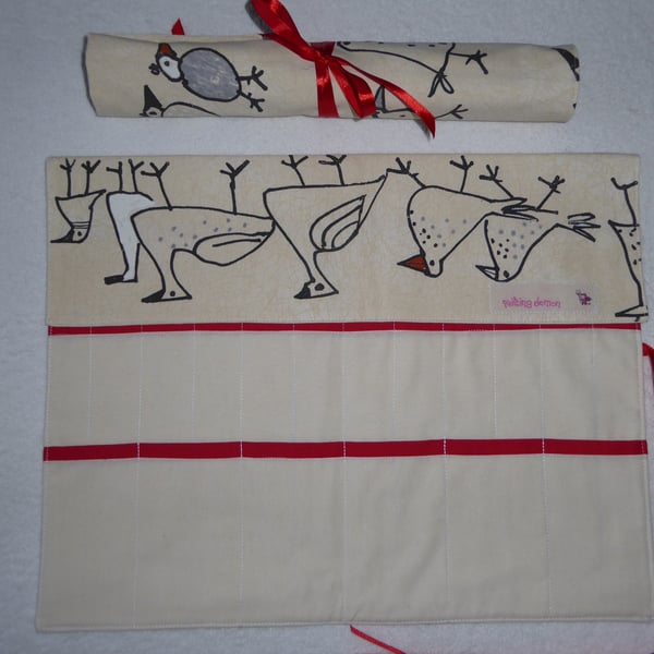 Knitting Needle Roll In Chicken Print Cotton  with 3 Pairs Bamboo Needles.