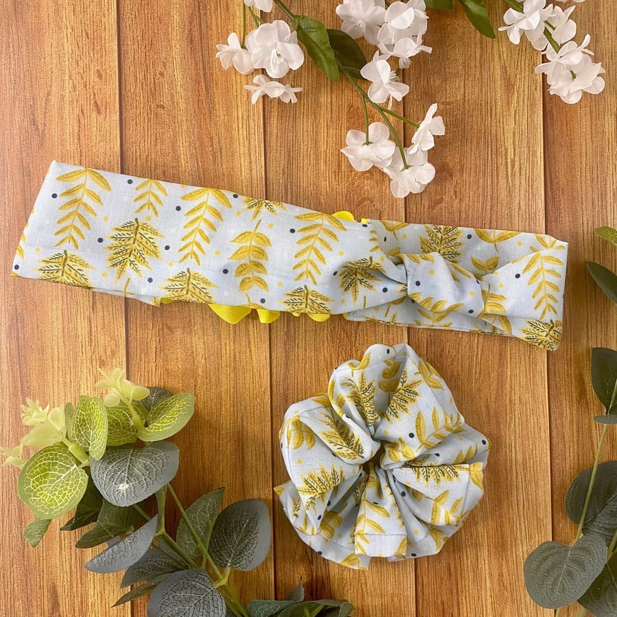 Yellow Foliage Cute Hair Things Giftset Scrunchie and Headband Set, knotted head