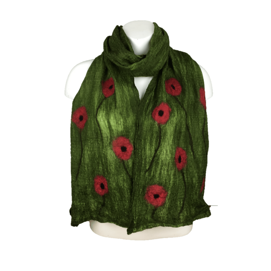 Nuno felted long merino wool on silk scarf green with poppy decoration
