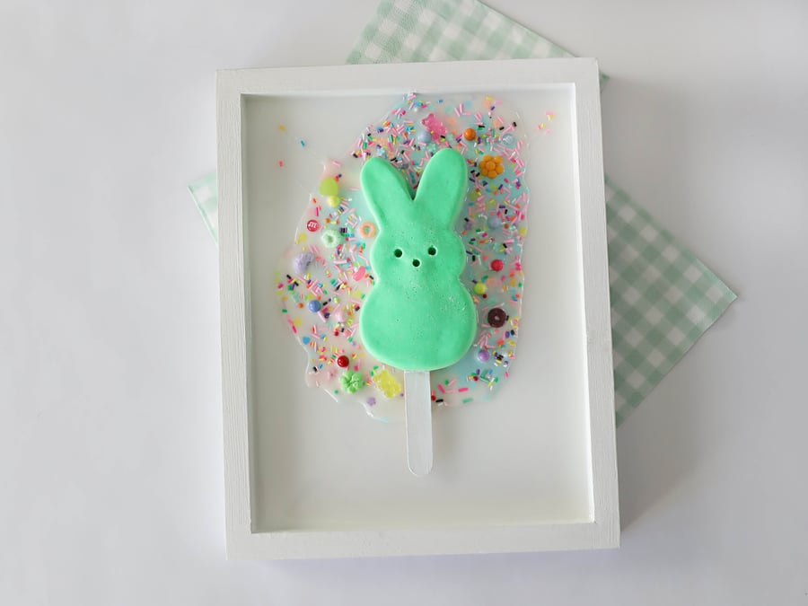 Marshmallow Bunny Popsicle Artwork, Handcrafted Clay Bunnies in Resin Pool, Whim