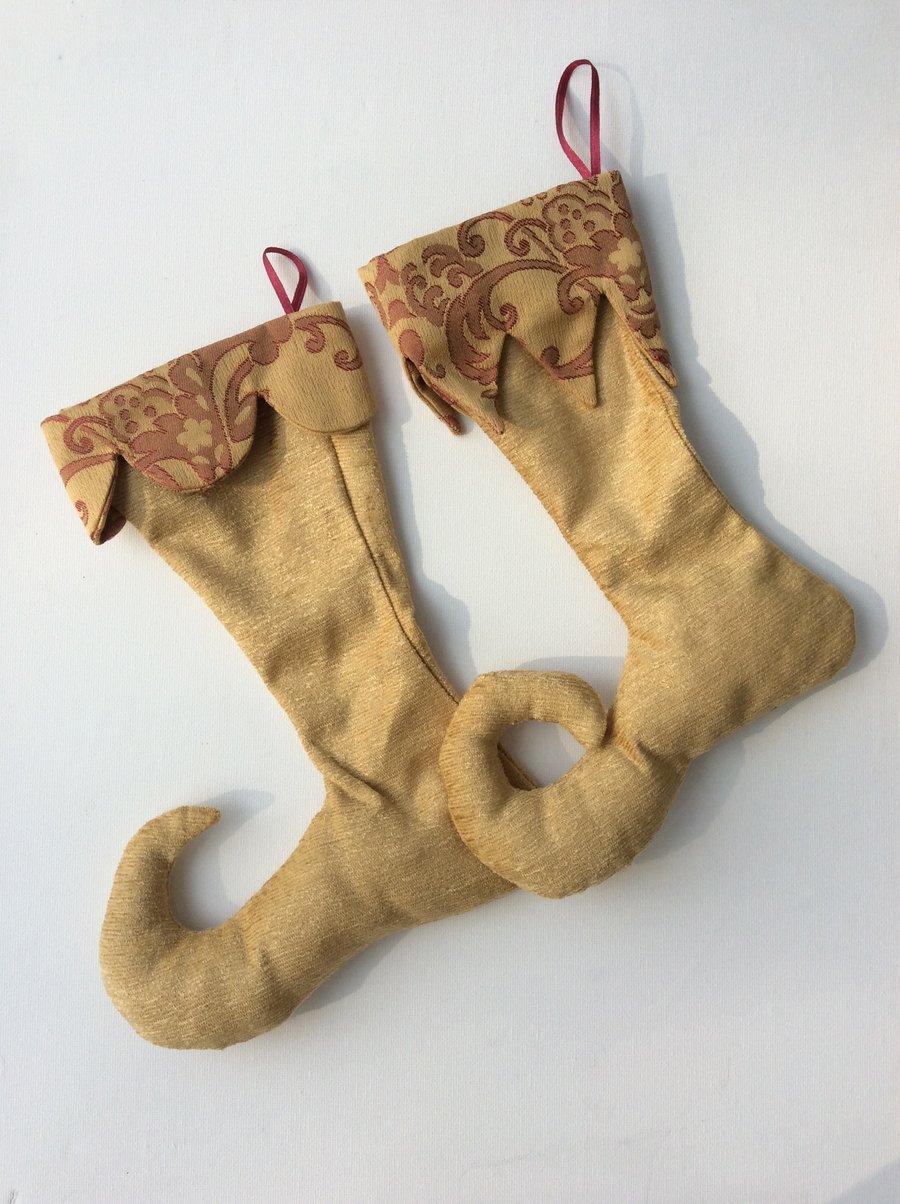 Two Gold fabric, Christmas Stocking Decorations, Elf Boots