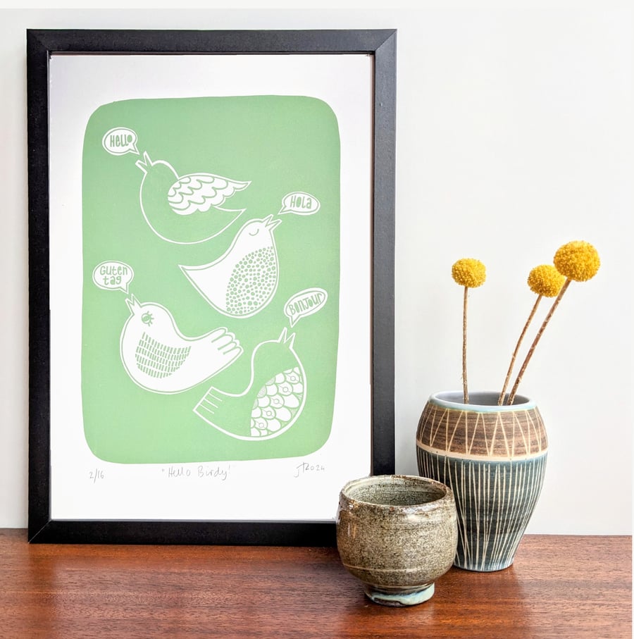 Hello Birdy in green - hand pulled screen print