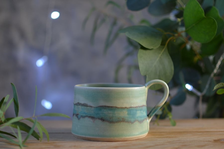Horizon handmade ceramic cup - Glazed in green and turquoise