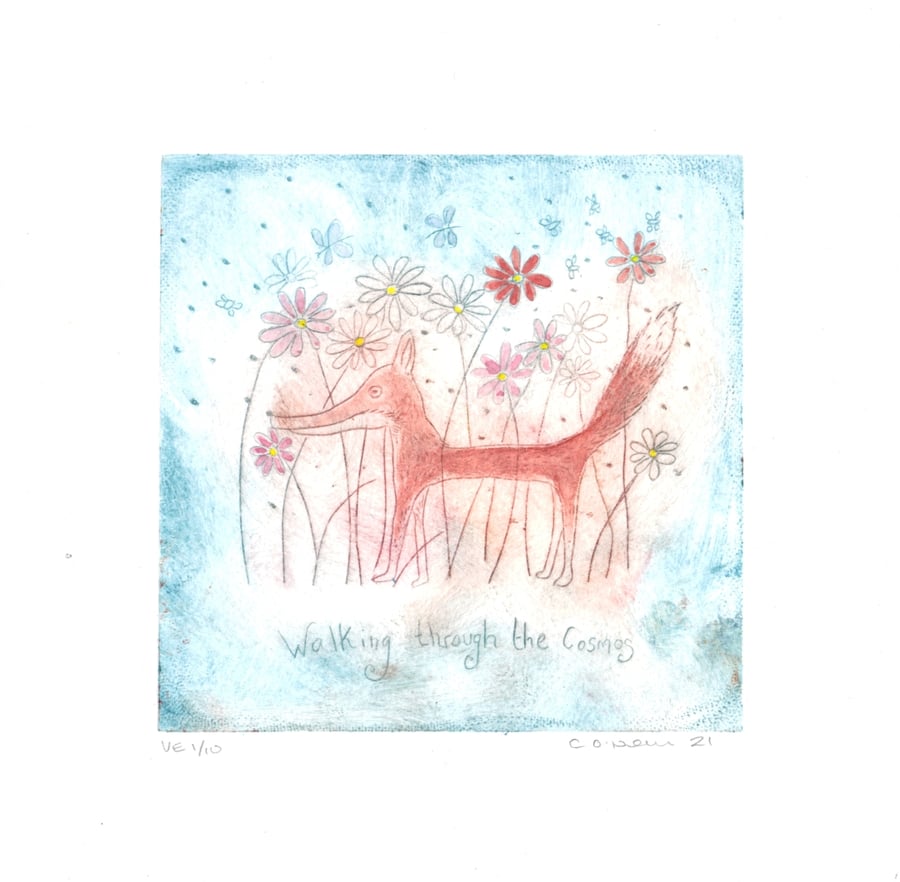 Walking Through the Cosmos - Drypoint Etching  Original Artwork 