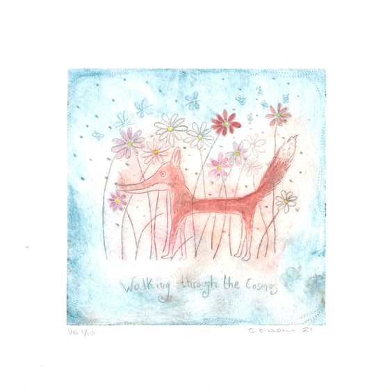 Fox drypoint etching - Fox Walking Through the Cosmos. Original art