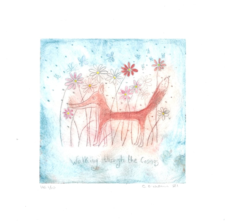 Walking Through the Cosmos - Drypoint Etching  Original Artwork 