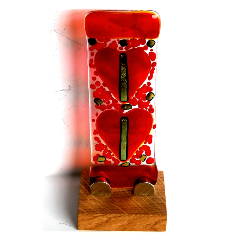  Fused Glass Heart Picture Free Standing on Oak Stand Love Hearts Suncatcher