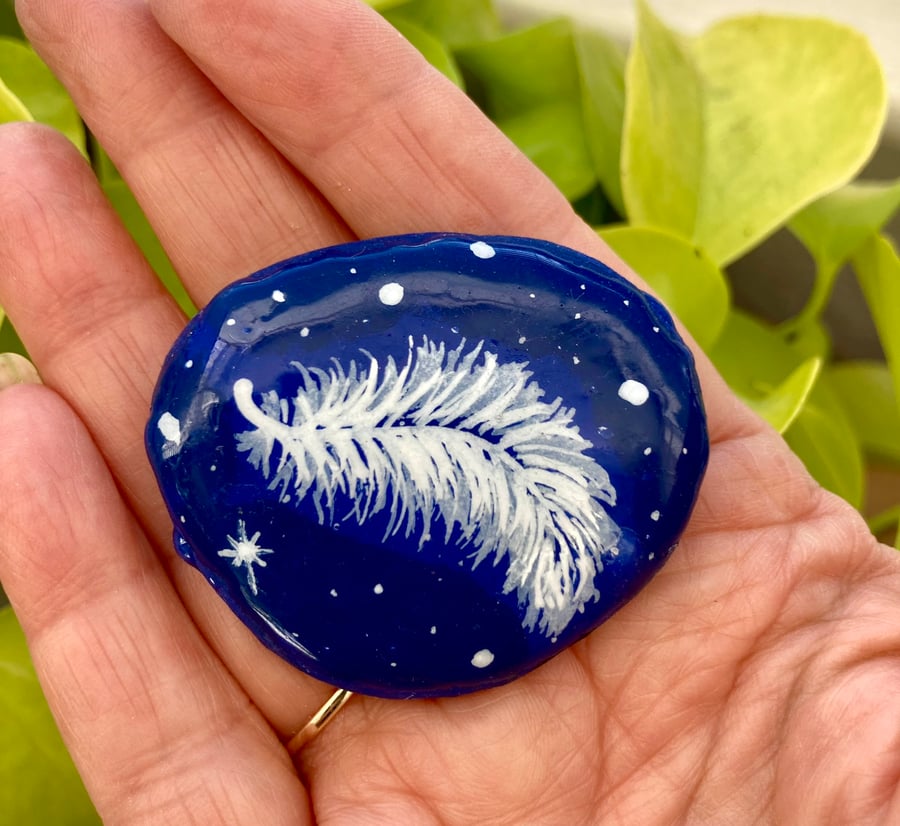 Midnight Angel Feather Touch Stone Hand Painted Rock Art White Feather Gift