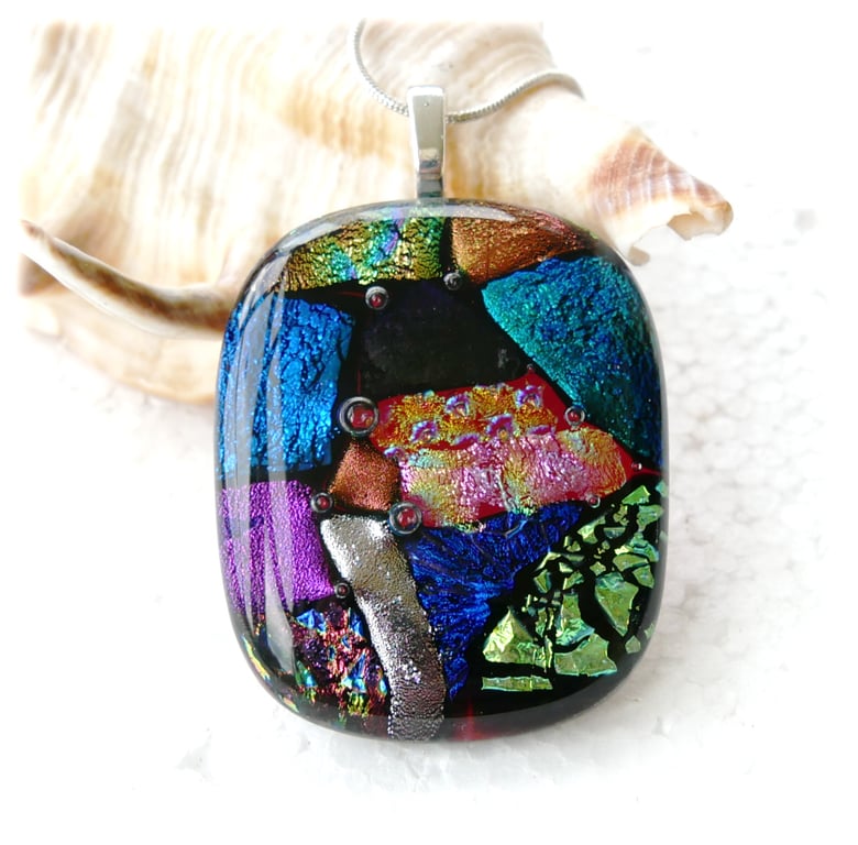 Dichroic Glass S014 Supersize Patchwork 3-layer Pendant with Silver Plated chain