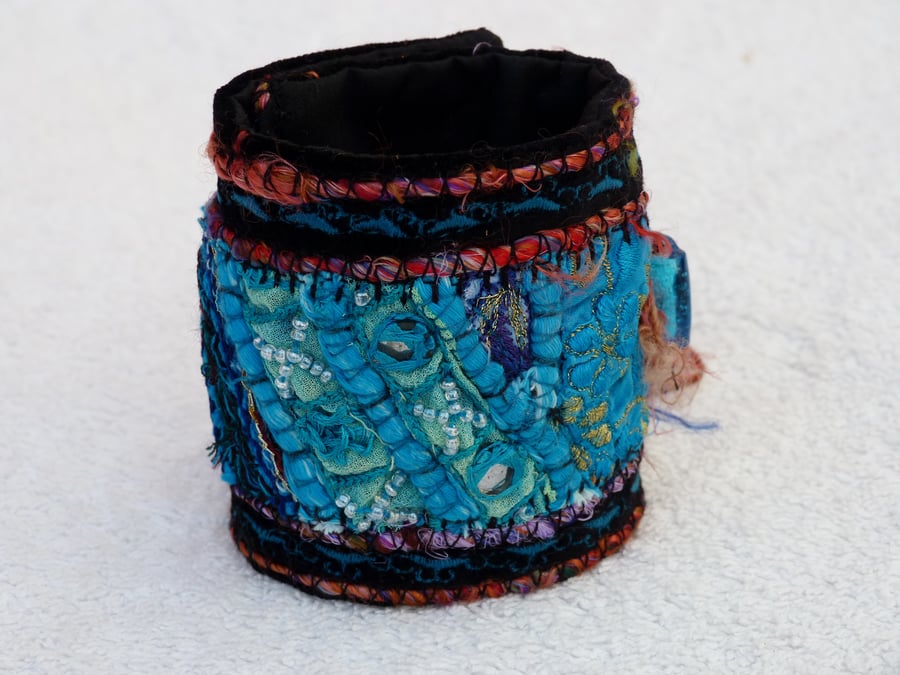Upcycled Vintage Indian Textile Fabric Cuff. Beading. Turquoise. Boho Bracelet.