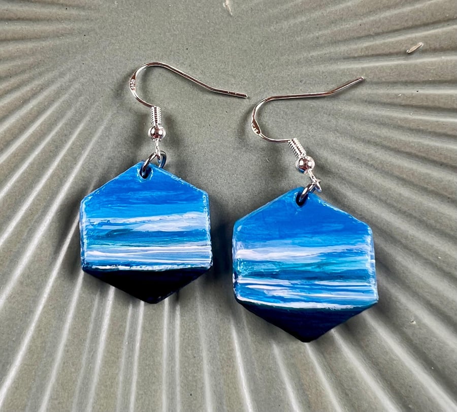 Seascape Earrings, Sea Earrings, Handmade Earrings, Clay Earrings, Handpainted 