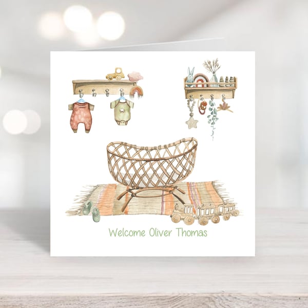 Watercolour Boho Nursery Card for new baby boy - Personalised Card