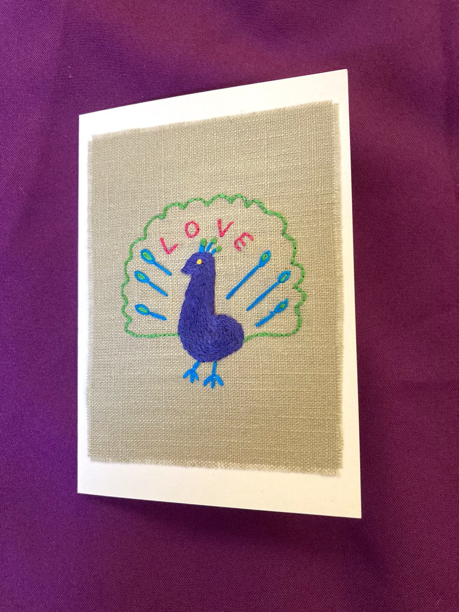 Pretty peacock hand embroidered card