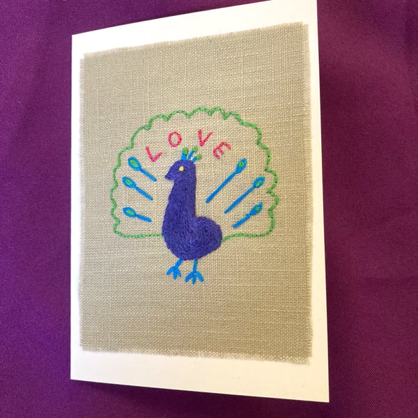 Pretty peacock hand embroidered card