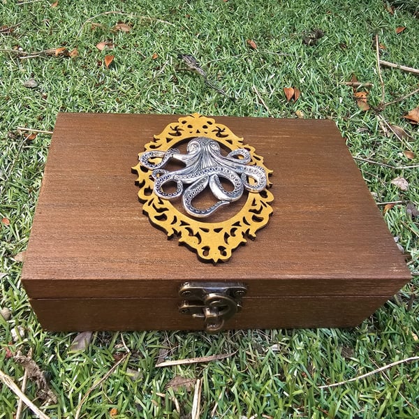Handmade Octopus Kraken & Sea Life Wooden Jewellery Box