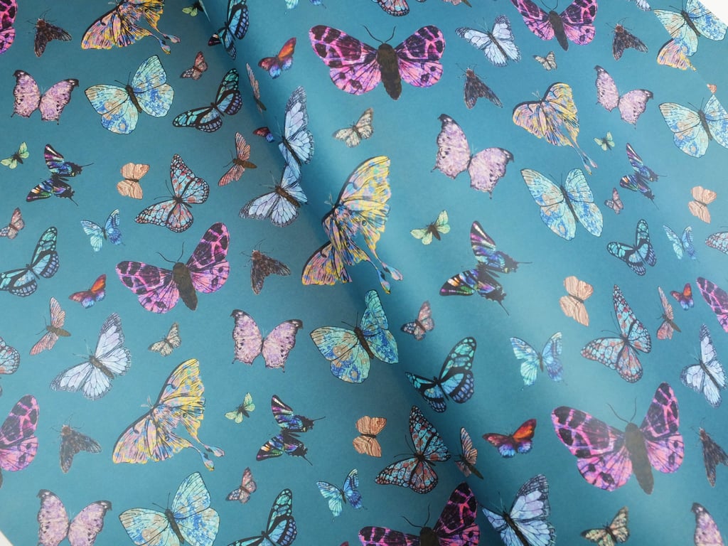 Marbled butterflies and moths wrapping paper on teal 70x50cm