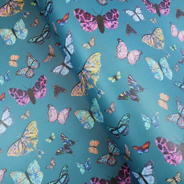 Marbled butterflies and moths wrapping paper on teal 70x50cm