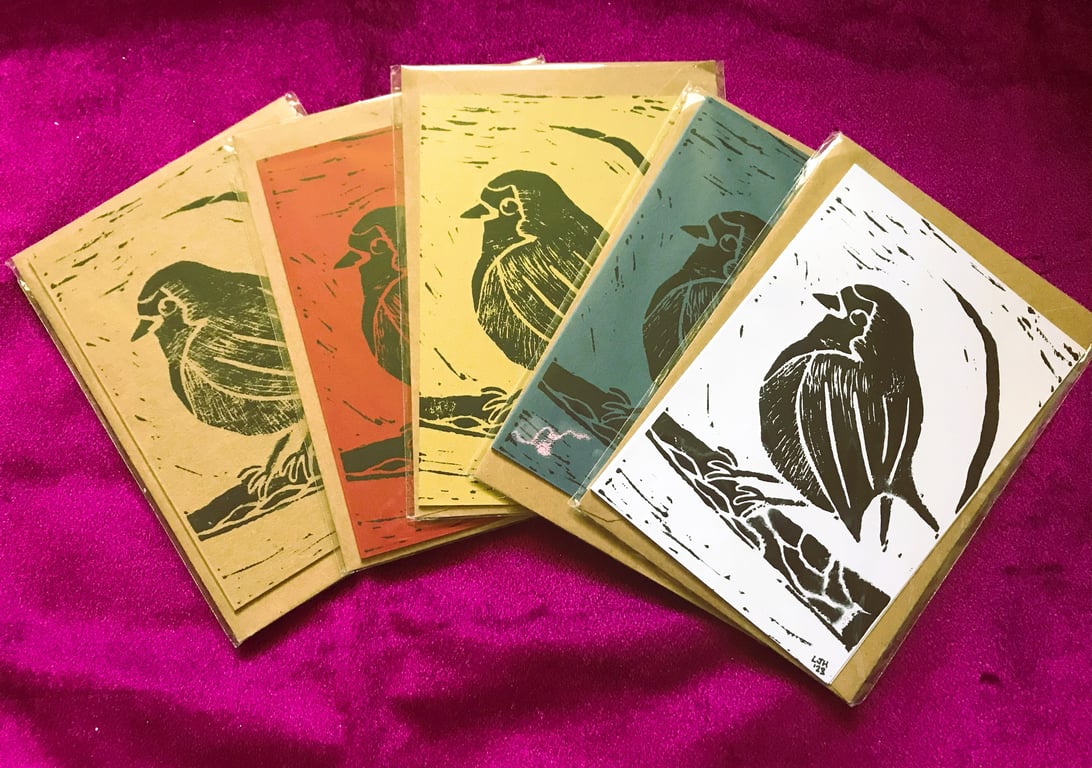 Eco Lino-Printed Festive Robin Greetings Cards A6 with Envelopes – Set of 5