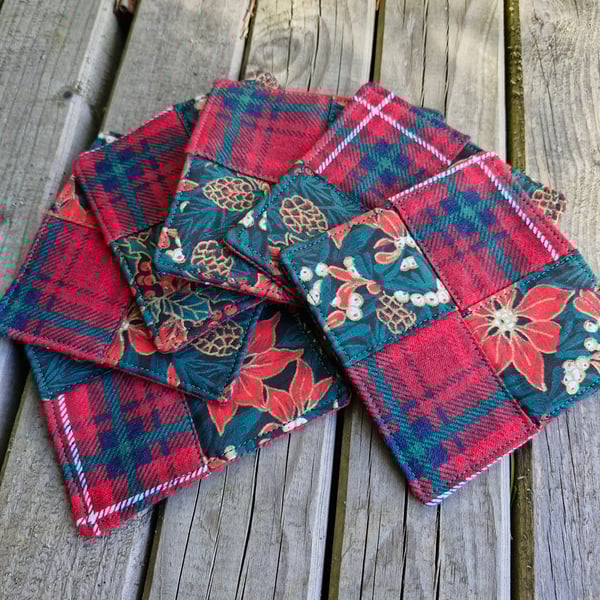 Set of 6 Christmas design handmade fabric coasters
