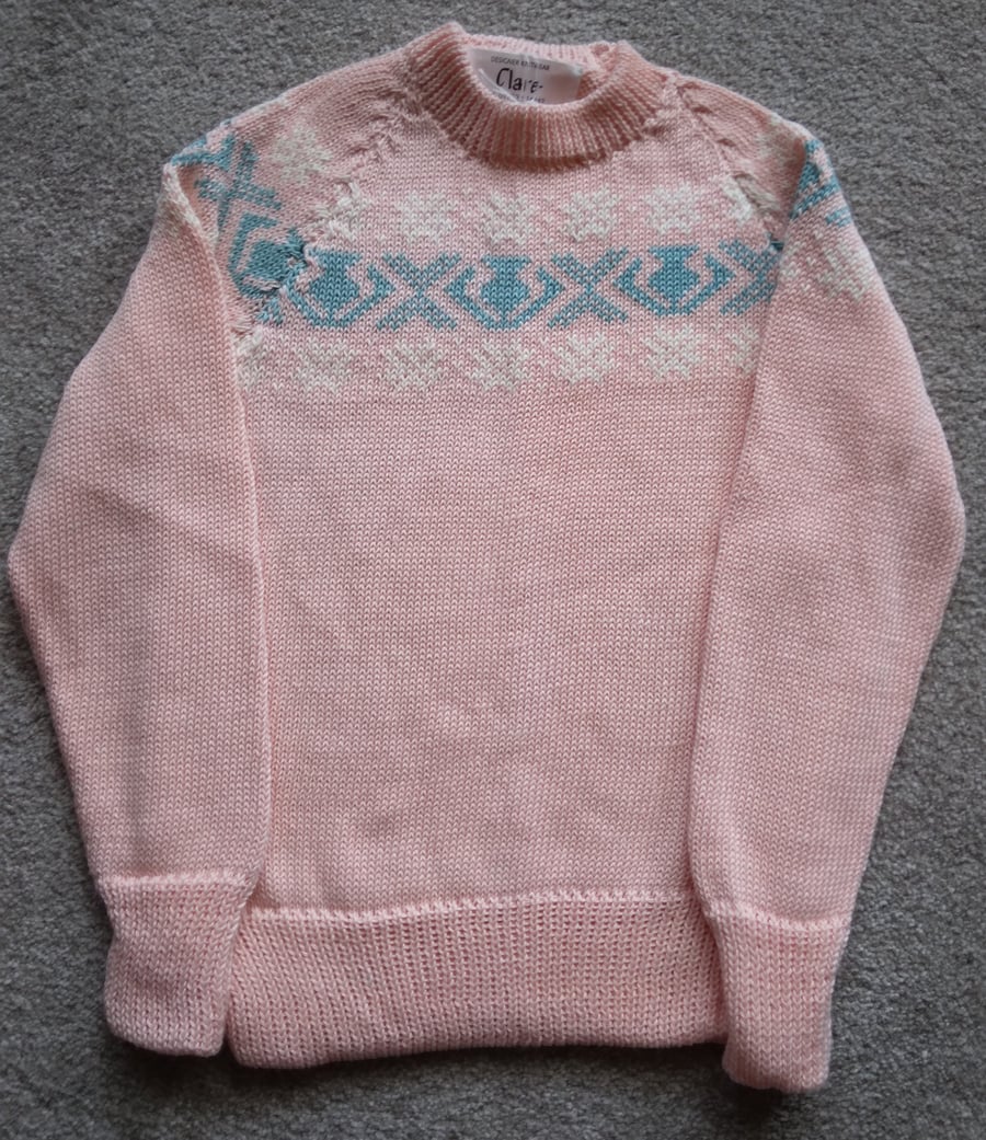 Shell pink fairisle yoke jumper in cotton 2-3 years. Machine washable