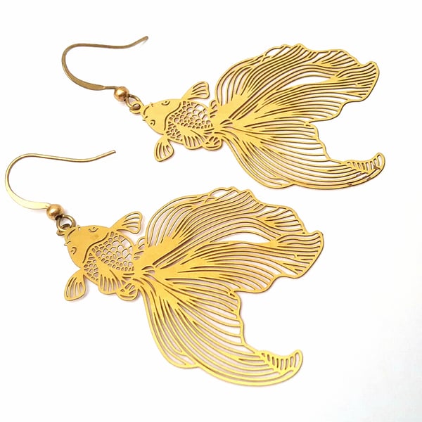 Raw Brass Siamese Fish Earrings...