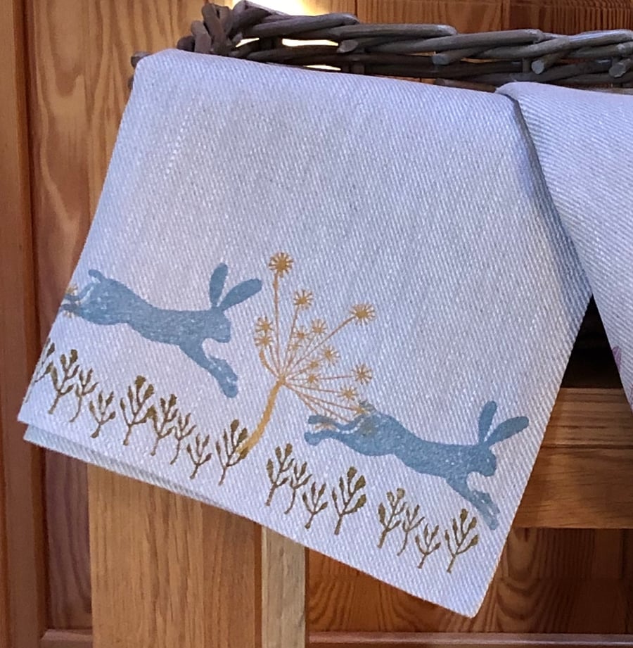 Hand Printed Linen Tea Towel - Leaping Wild Hare