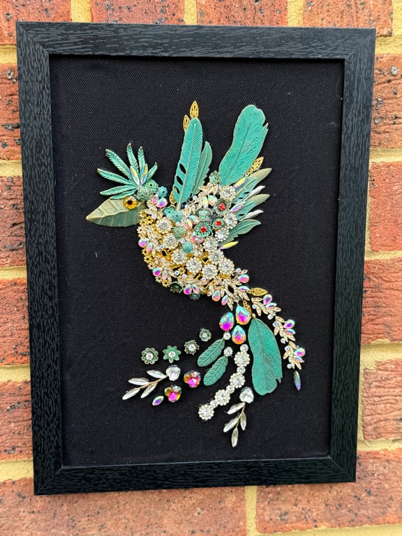 Framed Jewelry Art: Bird Wall Decor, Handmade Upcycled Costume Jewellery Collage